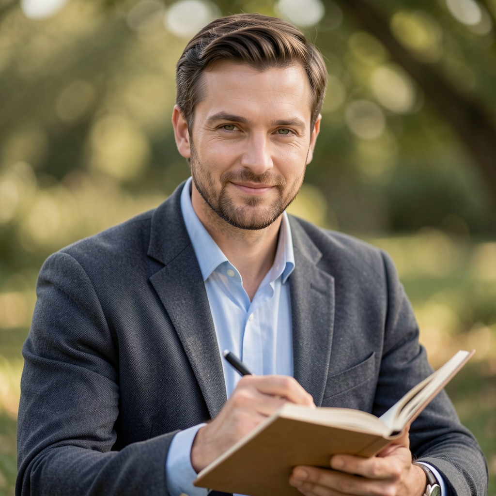 Editorial portrait outdoor natural light male writer with notebook