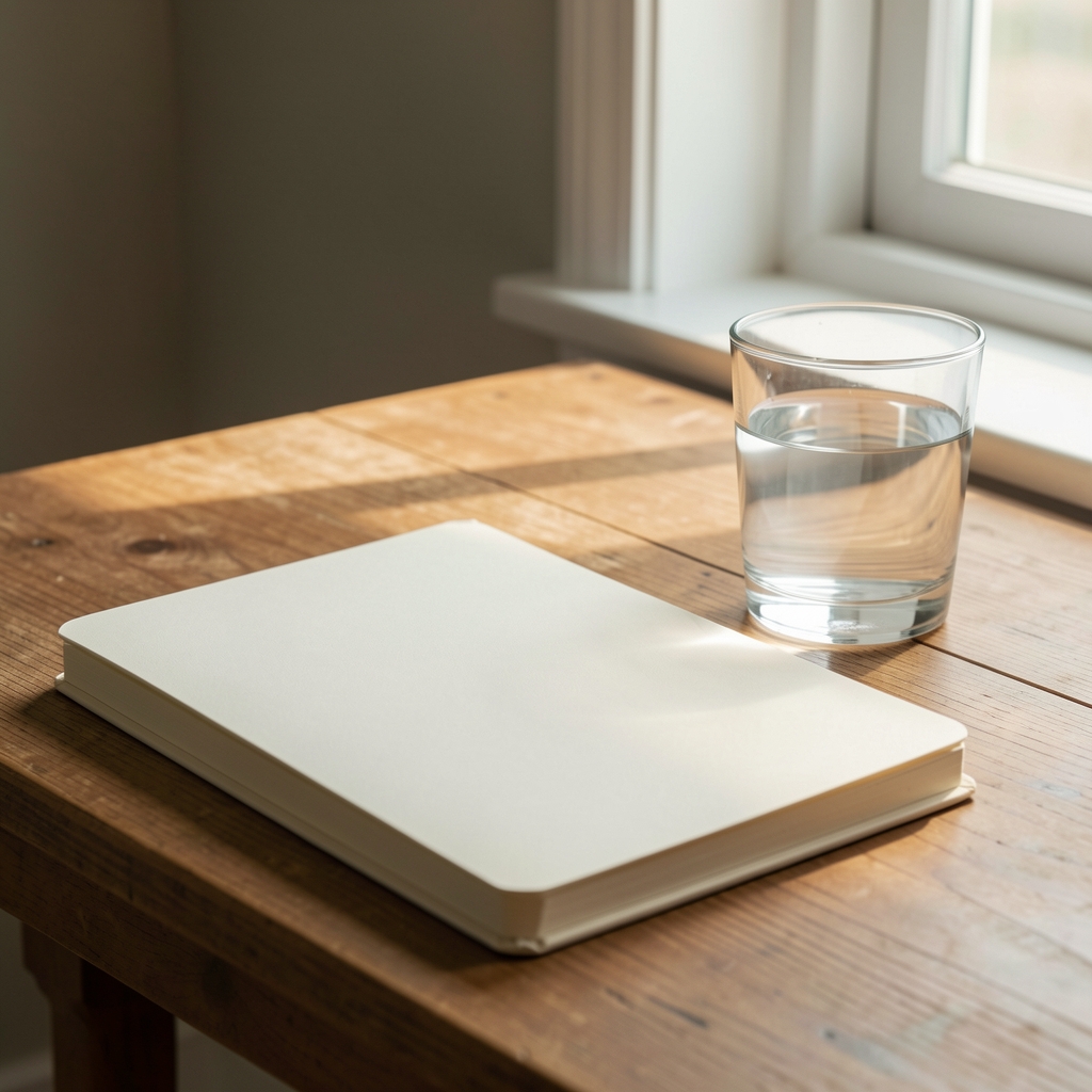 Editorial workspace with notebooks, supplement containers, and natural window light in a minimal studio setting