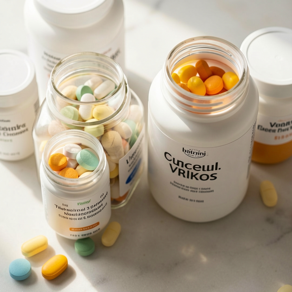 Close-up of vitamin containers editorial overhead natural light composition