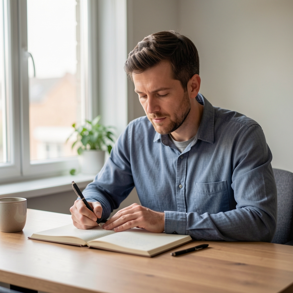 Man journalling at a desk soft daylight window editorial composition