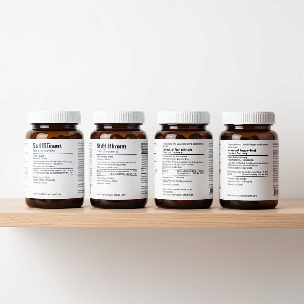 Supplement labels on a shelf editorial composition clean white background