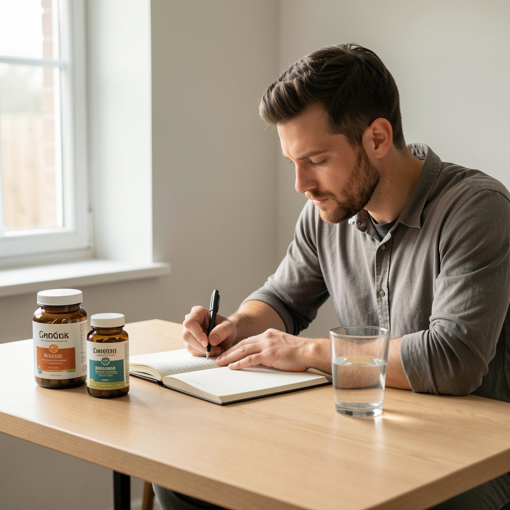 Man journalling at a minimal desk with supplement containers and a glass of water, soft morning window light, editorial flat lay