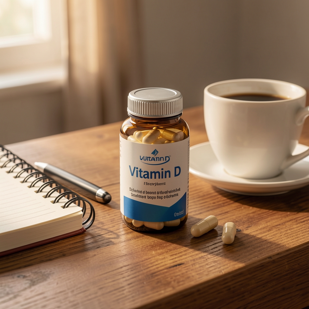 Vitamin D supplement capsule container on a wooden desk beside a journal and morning coffee, warm editorial light