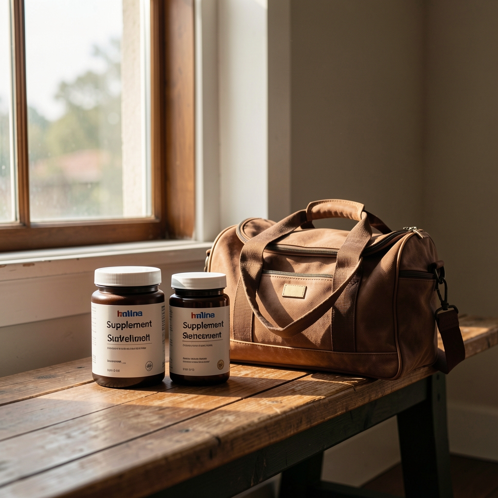 Supplement containers and a gym bag on a bench, morning light through a window, editorial men's wellness composition
