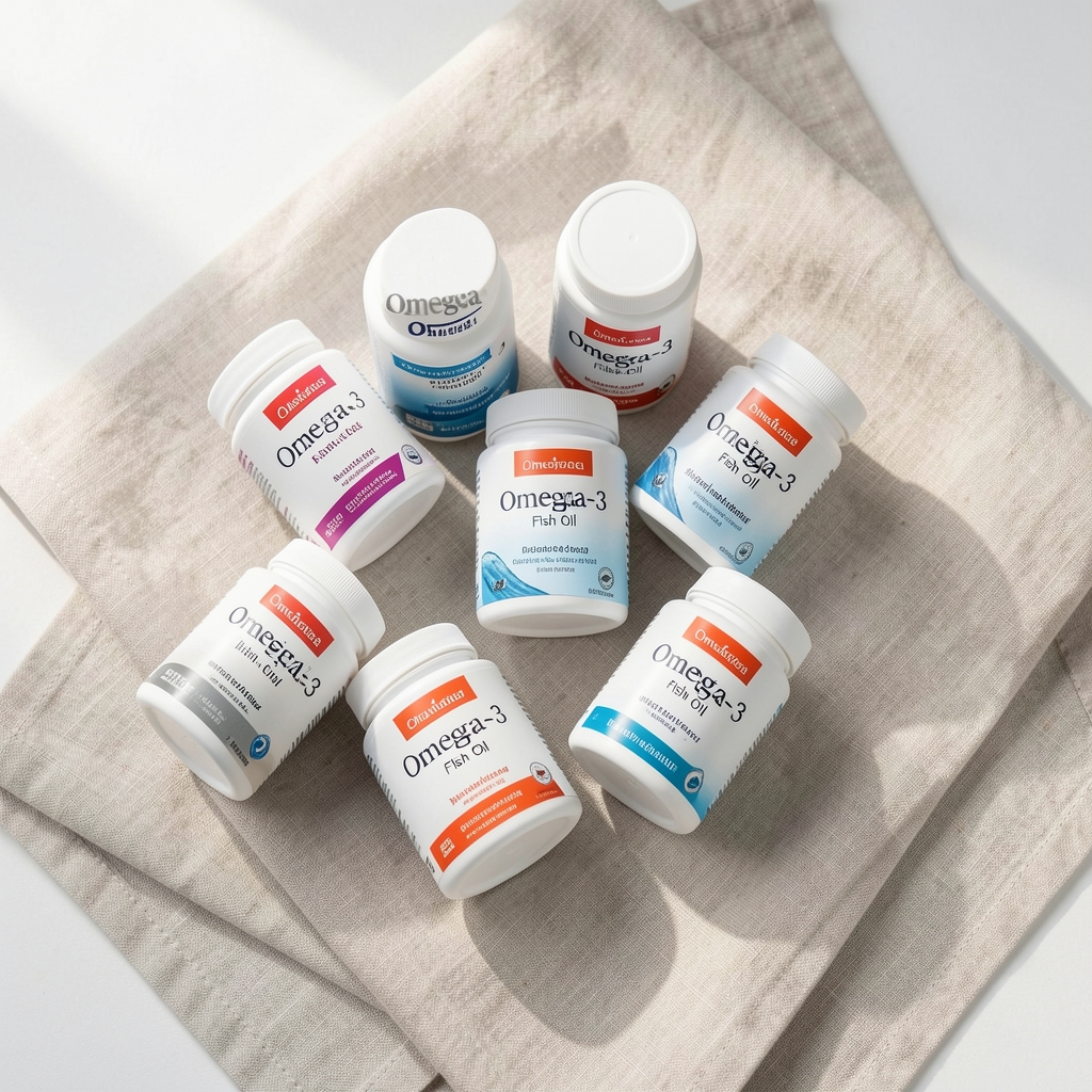 Omega-3 fish oil capsule containers arranged on a pale linen surface, overhead editorial photograph, natural daylight