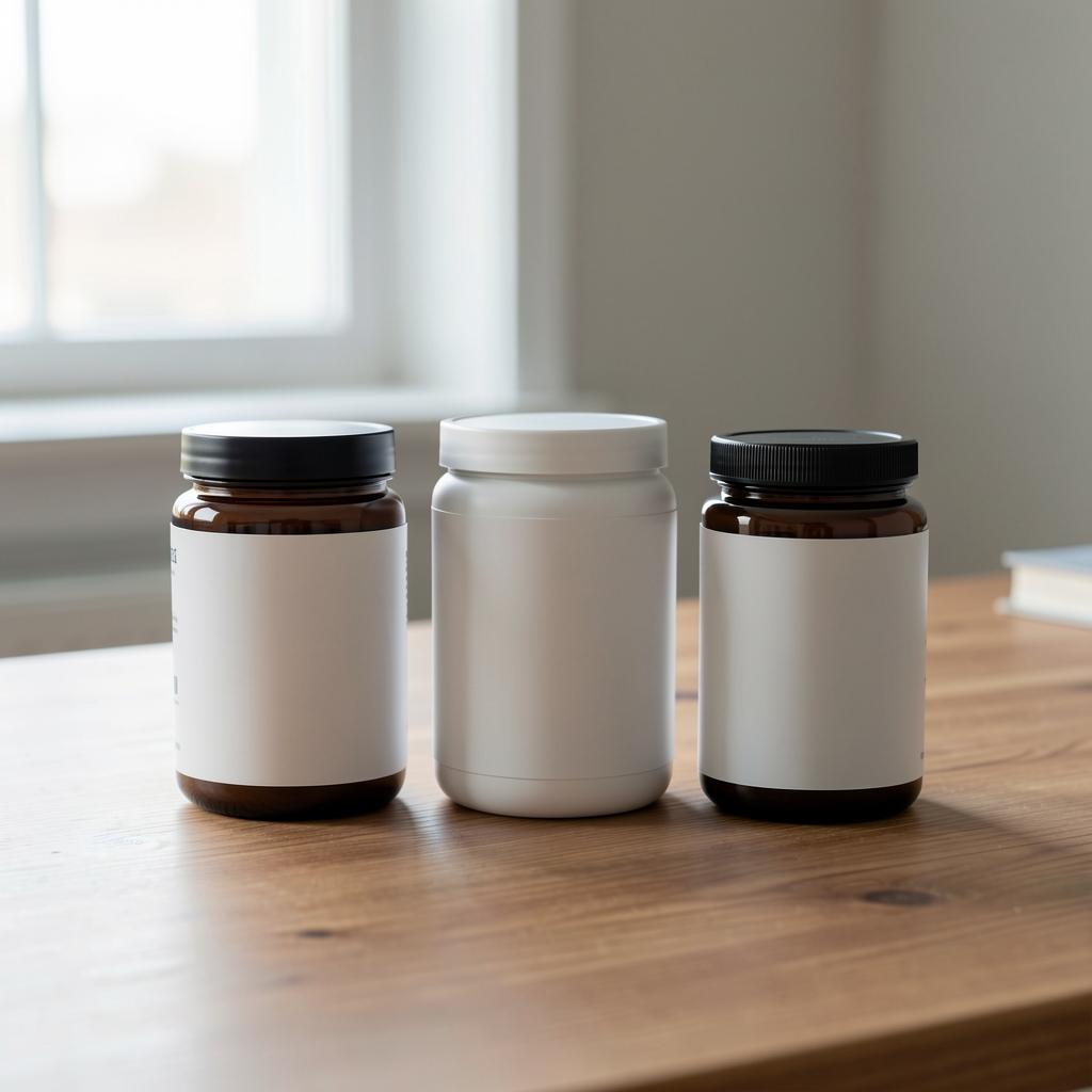 Supplement containers on a wooden desk, minimal composition with natural daylight