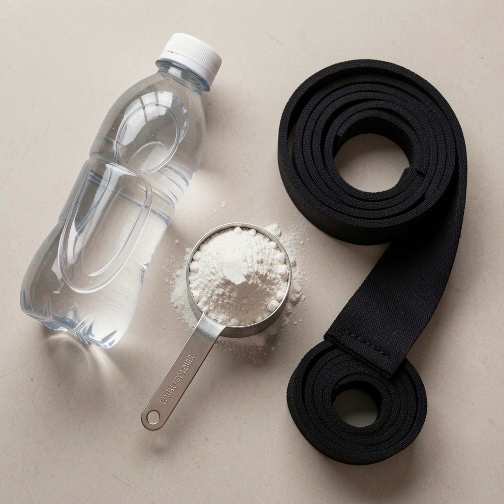 Creatine powder in a measuring scoop beside a water bottle and resistance band on a neutral surface, flat lay editorial
