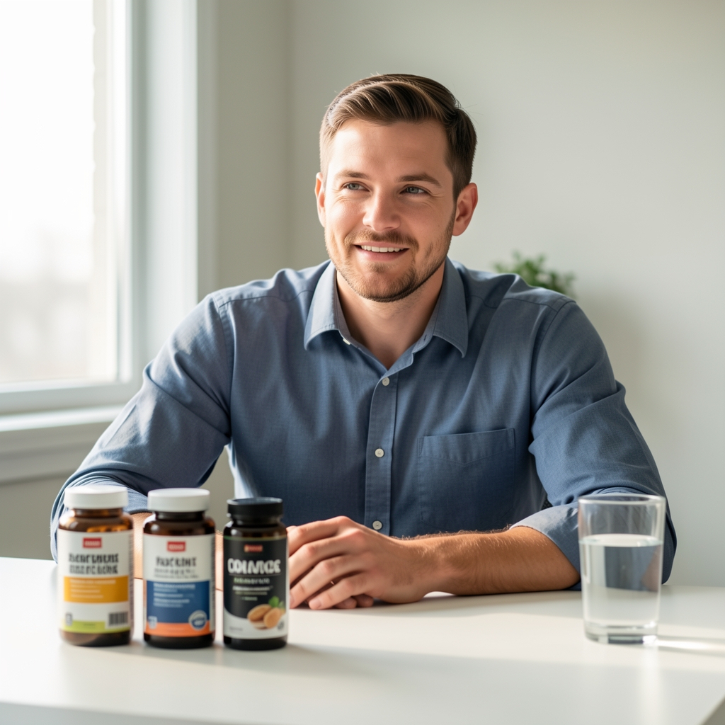 Active man at a clean desk with supplement containers and a glass of water, morning natural light, editorial composition
